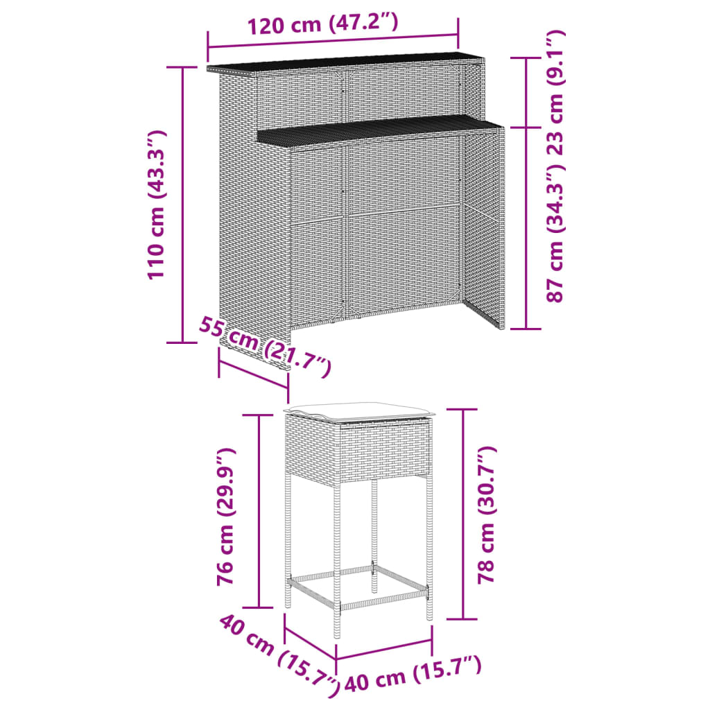 5-Tlg. Gartenbar-Set Mit Kissen Poly Rattan
