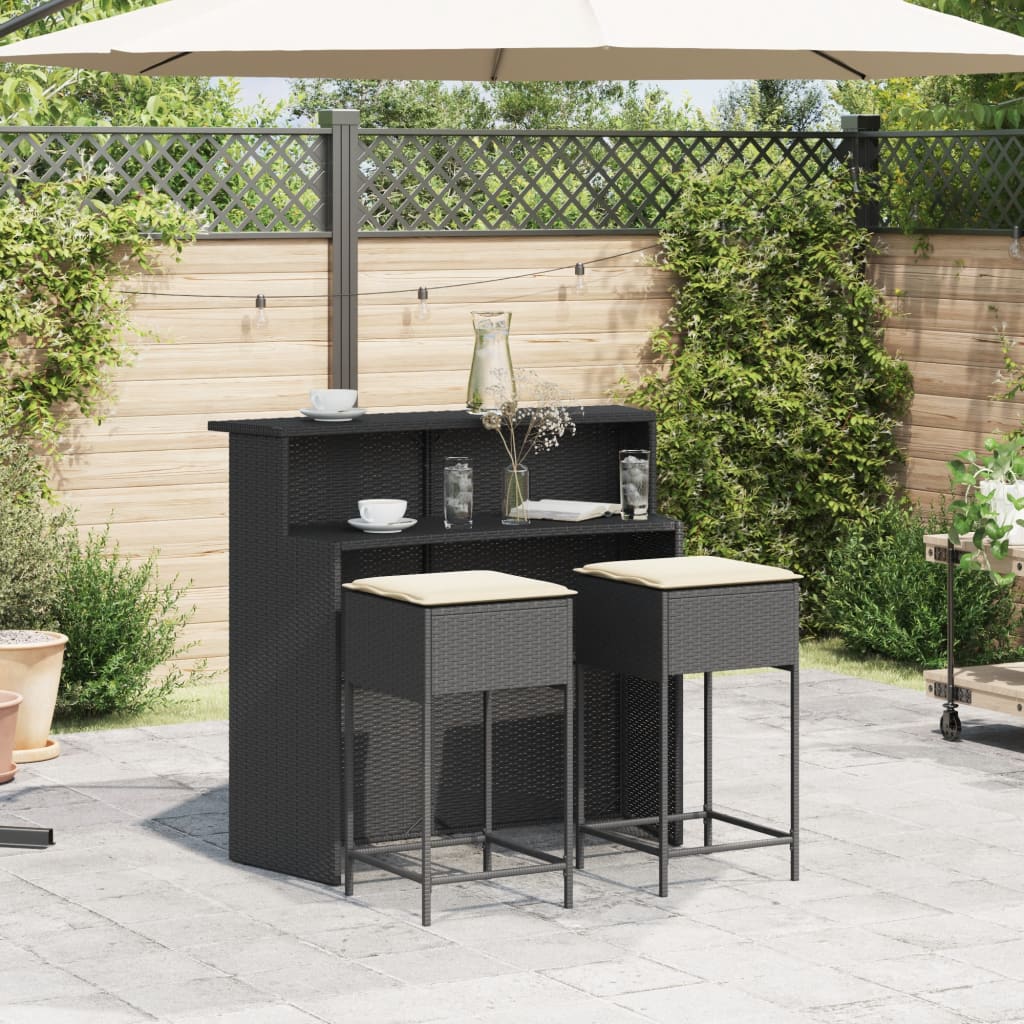 3-Tlg. Gartenbar-Set Mit Kissen Poly Rattan
