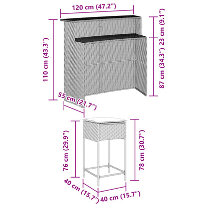 3-Tlg. Gartenbar-Set Mit Kissen Poly Rattan