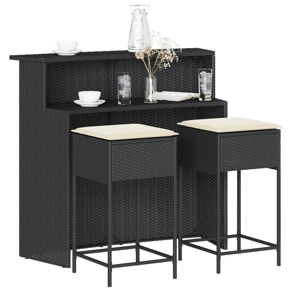 3-Tlg. Gartenbar-Set Mit Kissen Poly Rattan