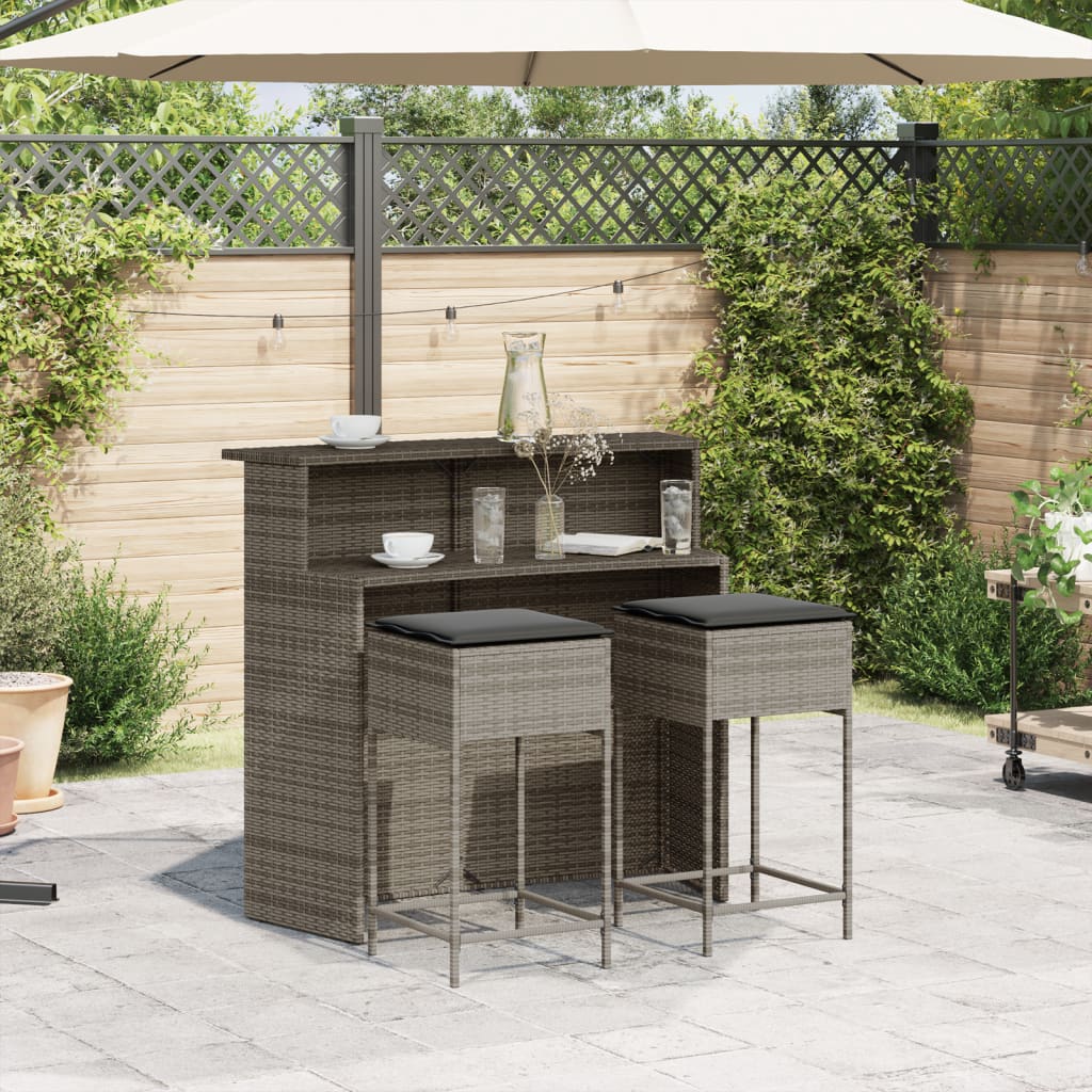 3-Tlg. Gartenbar-Set Mit Kissen Poly Rattan