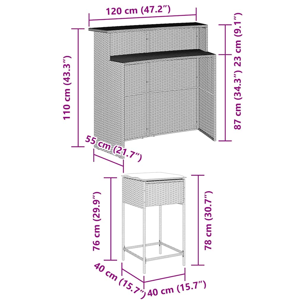 3-Tlg. Gartenbar-Set Mit Kissen Poly Rattan