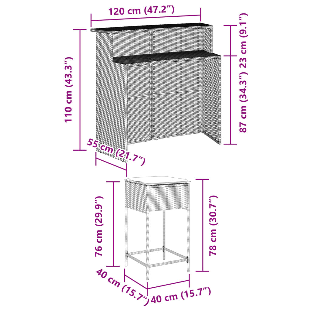 5-Tlg. Gartenbar-Set Mit Kissen Poly Rattan
