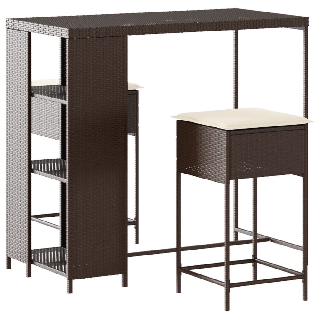3-Tlg. Gartenbar-Set Mit Kissen Poly Rattan