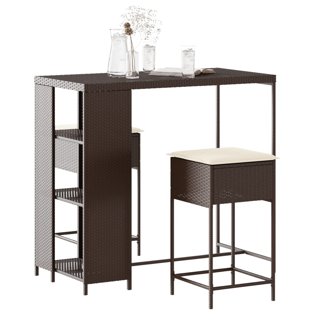 3-Tlg. Gartenbar-Set Mit Kissen Poly Rattan