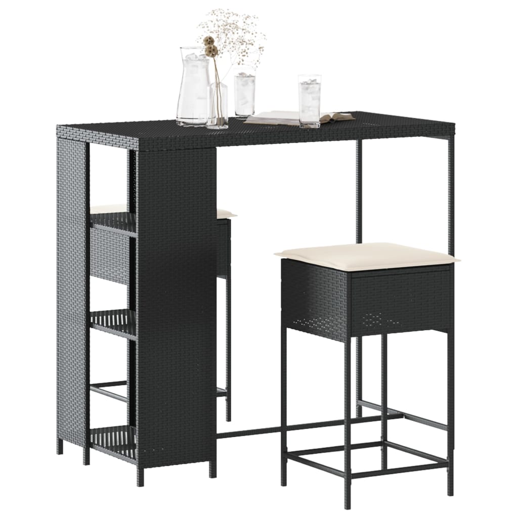 3-Tlg. Gartenbar-Set Mit Kissen Poly Rattan