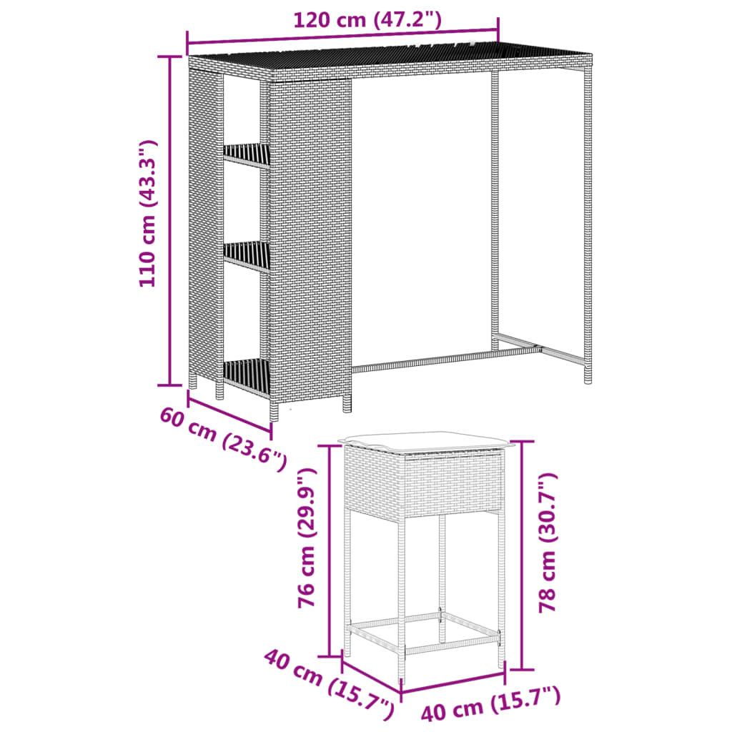 5-Tlg. Gartenbar-Set Mit Kissen Poly Rattan