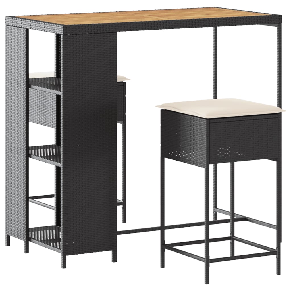 3-Tlg. Gartenbar-Set Mit Kissen Poly Rattan