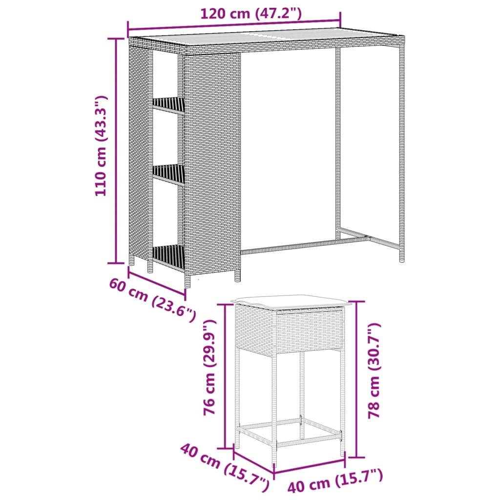 3-Tlg. Gartenbar-Set Mit Kissen Poly Rattan