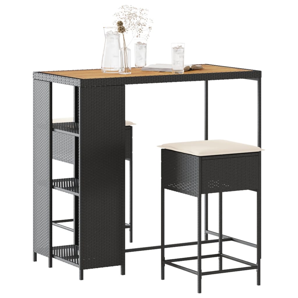 3-Tlg. Gartenbar-Set Mit Kissen Poly Rattan