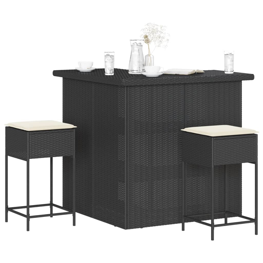 3-Tlg. Gartenbar-Set Mit Kissen Poly Rattan