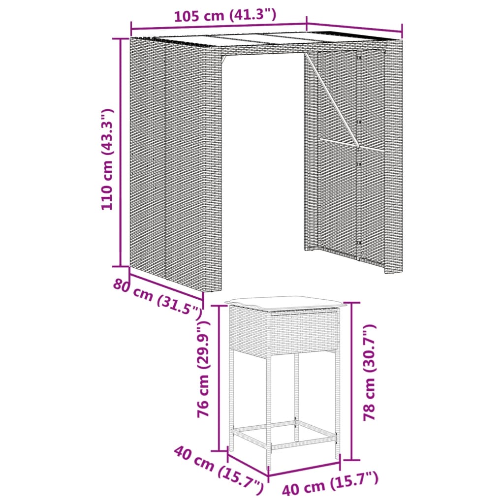 5-Tlg. Gartenbar-Set Mit Kissen Poly Rattan