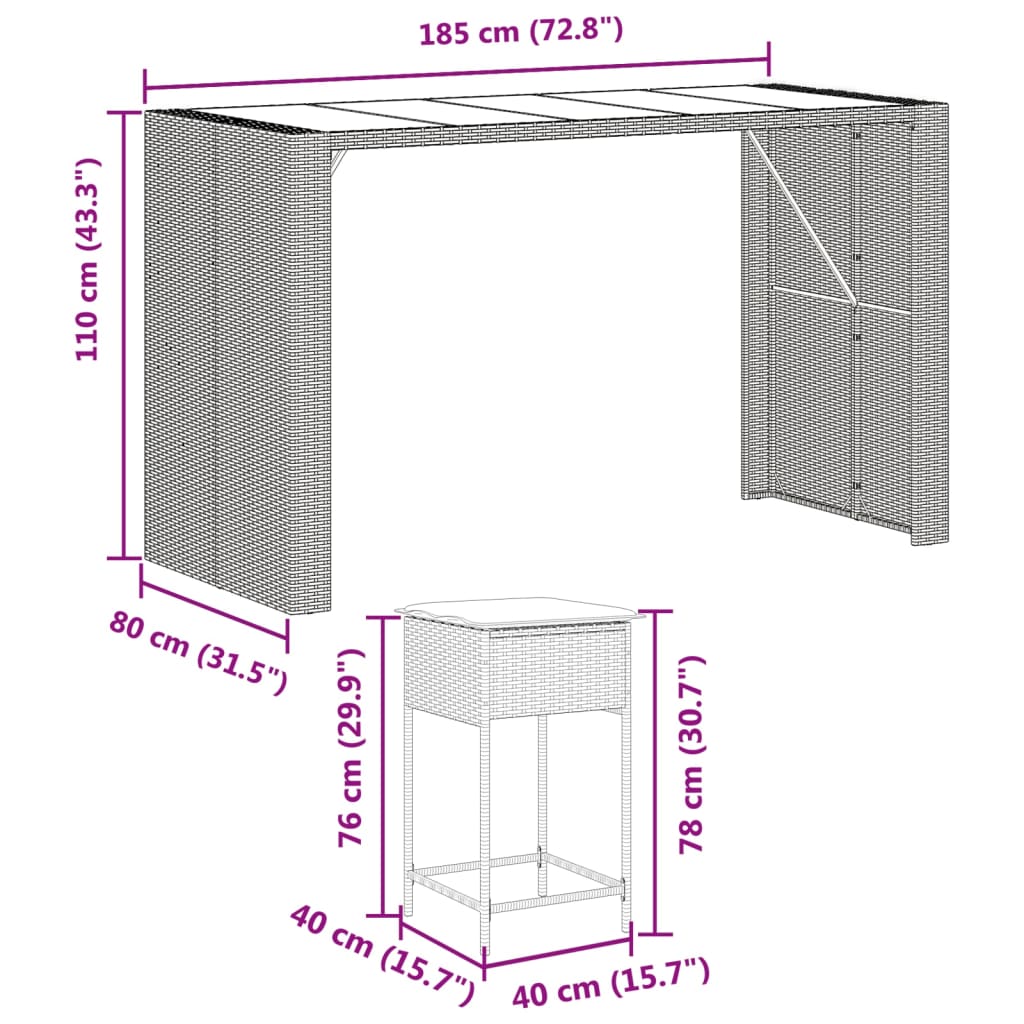 9-Tlg. Gartenbar-Set Mit Kissen Poly Rattan