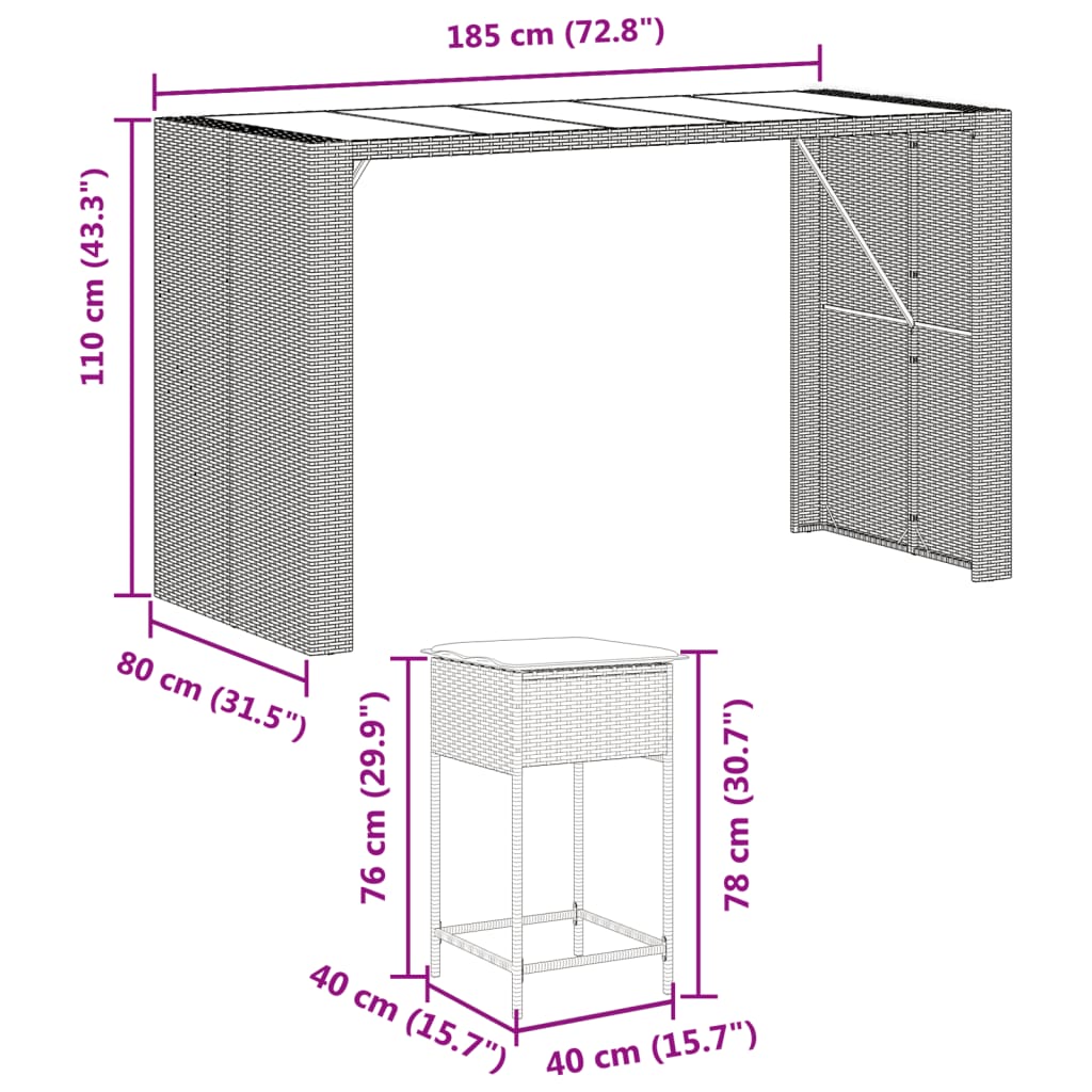 9-Tlg. Gartenbar-Set Mit Kissen Poly Rattan