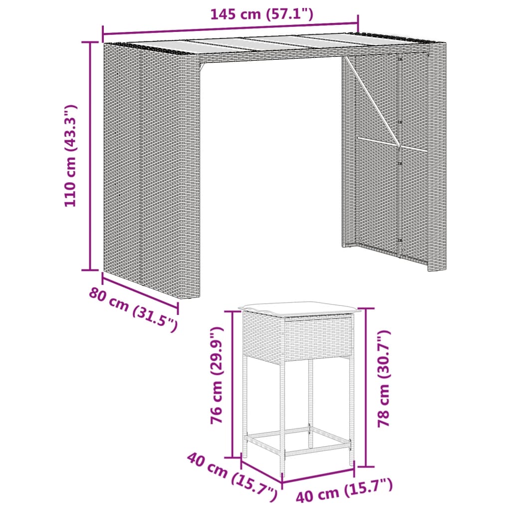 7-Tlg. Gartenbar-Set Mit Kissen Poly Rattan