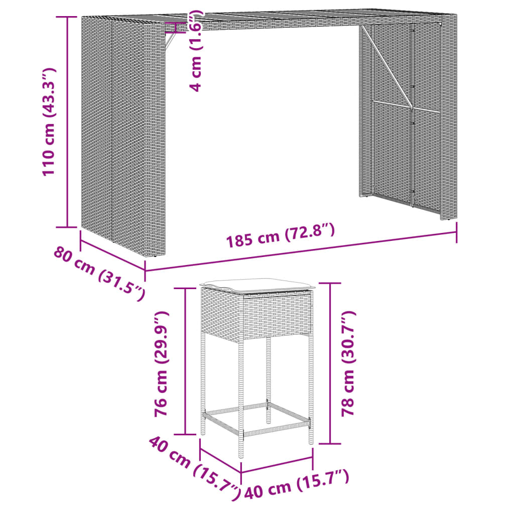 9-Tlg. Gartenbar-Set Mit Kissen Poly Rattan