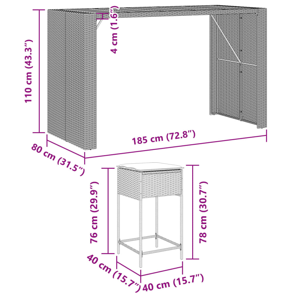 9-Tlg. Gartenbar-Set Mit Kissen Poly Rattan
