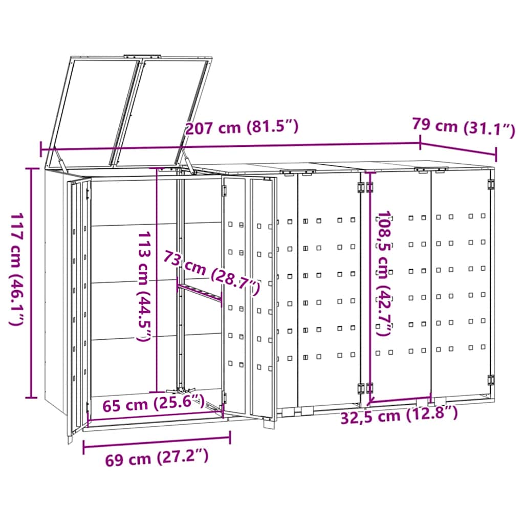 Mülltonnenbox Für 3 Tonnen 207X79X117 Cm Stahl