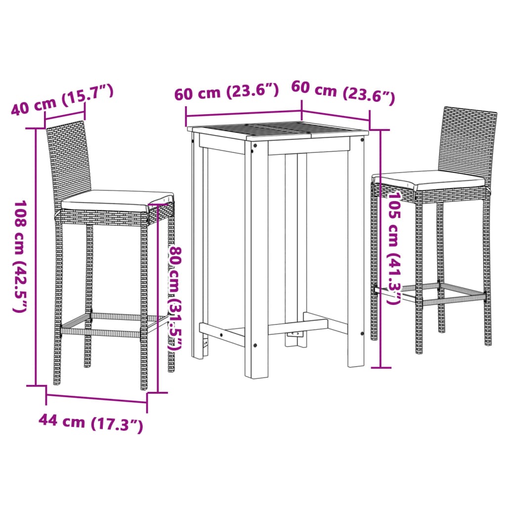 3-Tlg. Gartenbar-Set Massivholz Akazie Und Poly Rattan