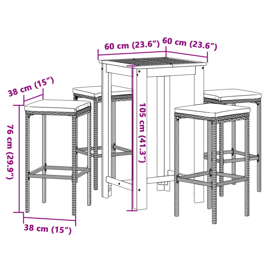 5-Tlg. Gartenbar-Set Massivholz Akazie Und Poly Rattan