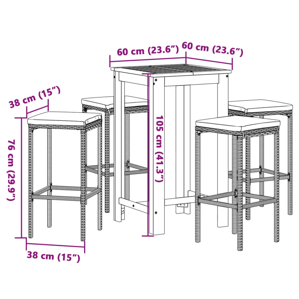 5-Tlg. Gartenbar-Set Massivholz Akazie Und Poly Rattan
