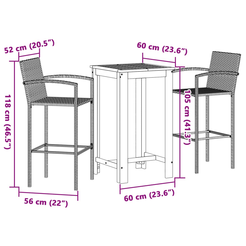 3-Tlg. Gartenbar-Set Massivholz Akazie Und Poly Rattan