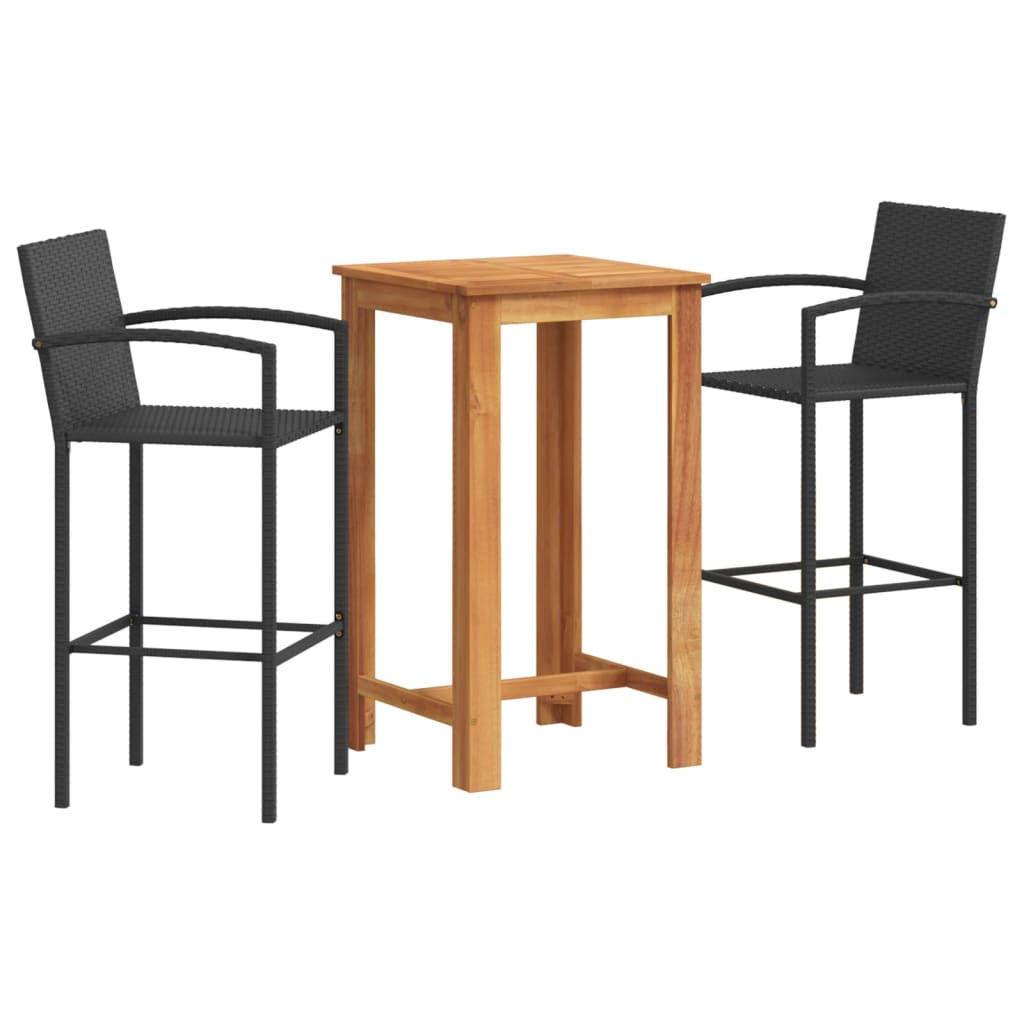 3-Tlg. Gartenbar-Set Schwarz Massivholz Akazie Und Poly Rattan
