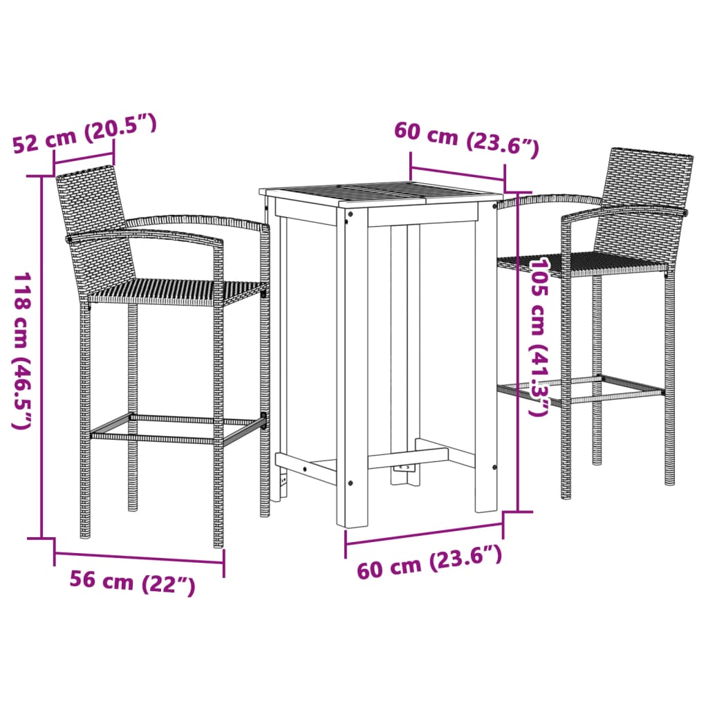 3-Tlg. Gartenbar-Set Schwarz Massivholz Akazie Und Poly Rattan
