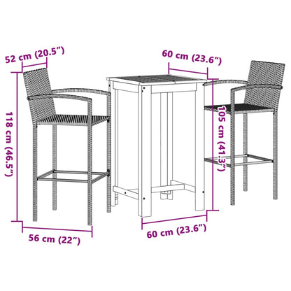 3-Tlg. Gartenbar-Set Schwarz Massivholz Akazie Und Poly Rattan