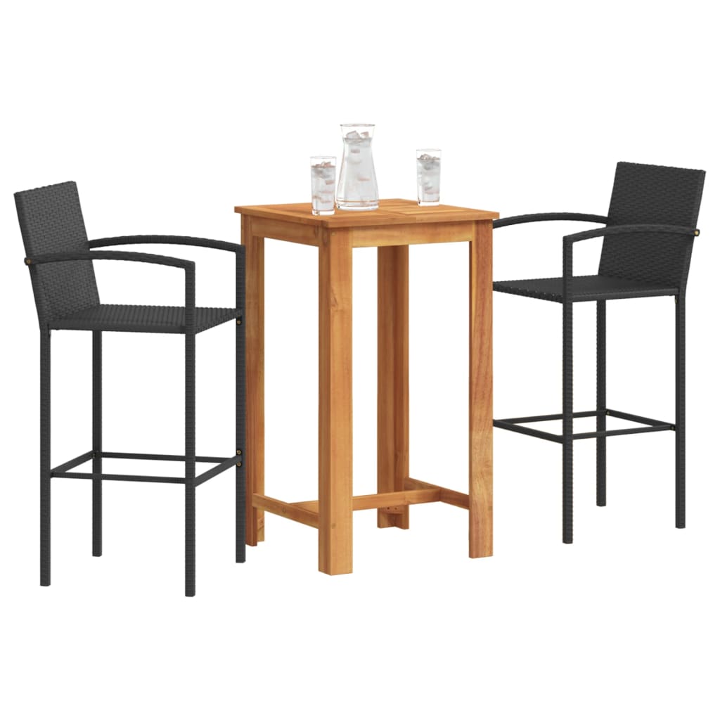 3-Tlg. Gartenbar-Set Schwarz Massivholz Akazie Und Poly Rattan