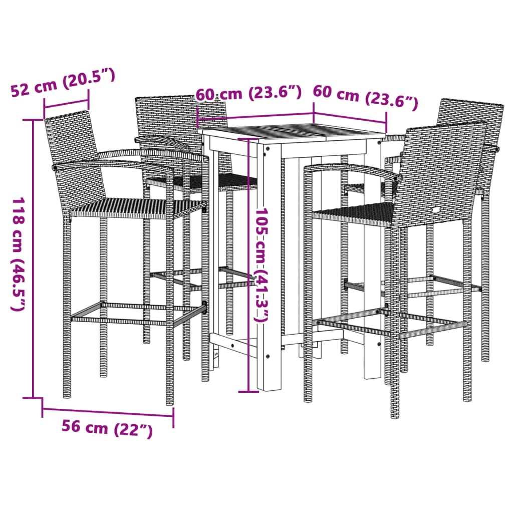 5-Tlg. Gartenbar-Set Massivholz Akazie Und Poly Rattan