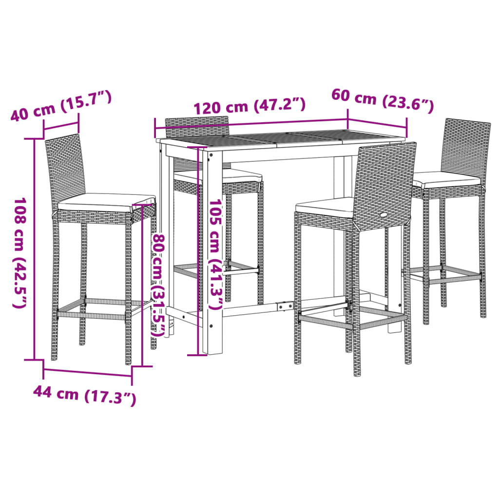 5-Tlg. Gartenbar-Set Massivholz Akazie Und Poly Rattan