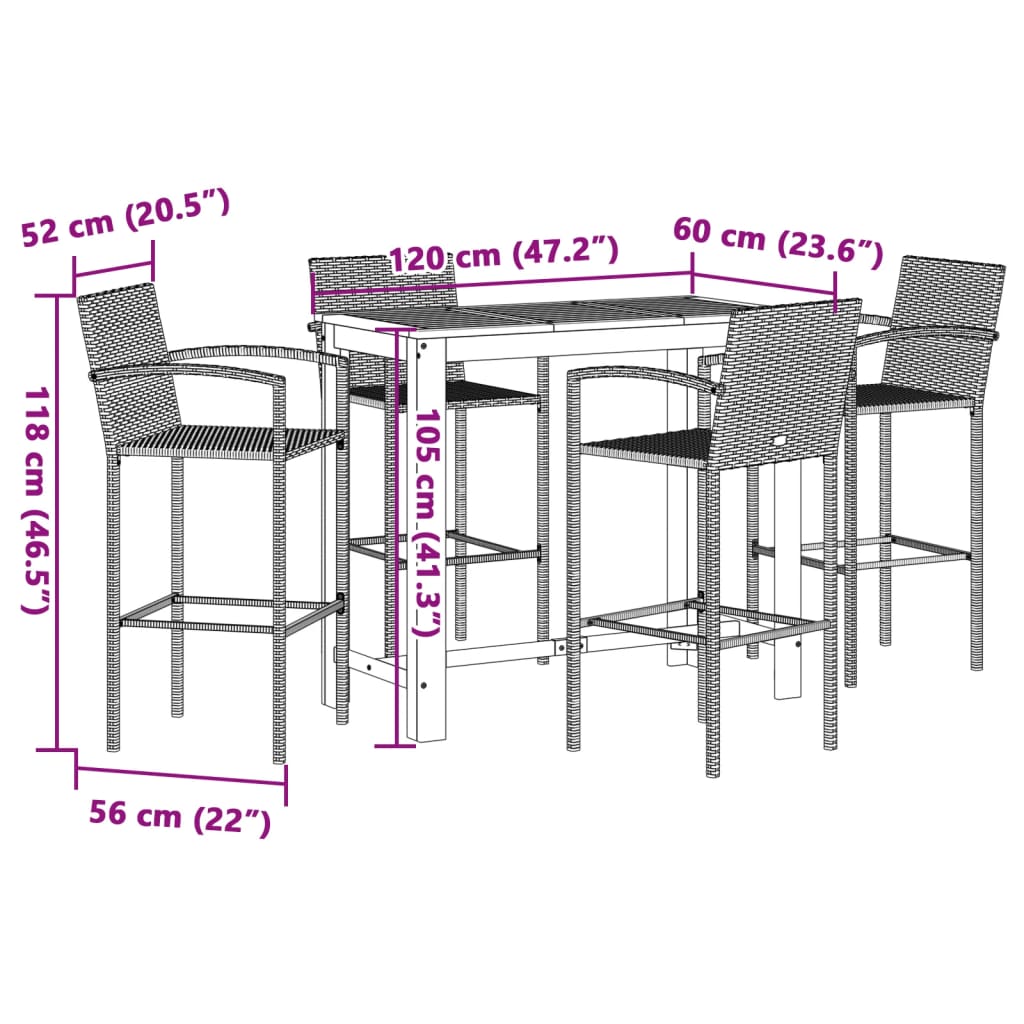 5-Tlg. Gartenbar-Set Massivholz Akazie Und Poly Rattan