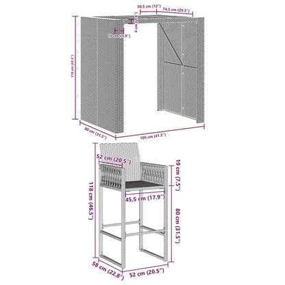 3-Tlg. Gartenbar-Set Ohne Kissen Poly Rattan Akazie