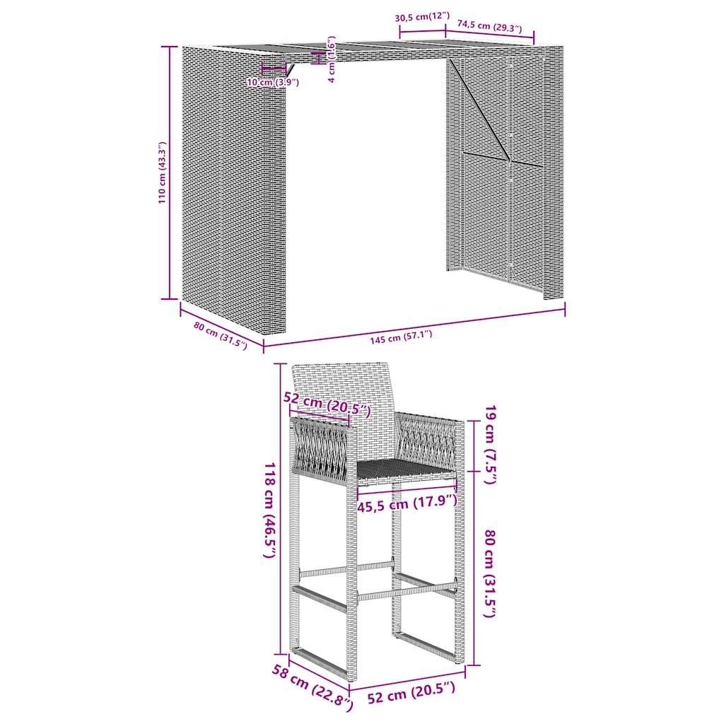 5-Tlg. Gartenbar-Set Ohne Kissen Poly Rattan Akazie