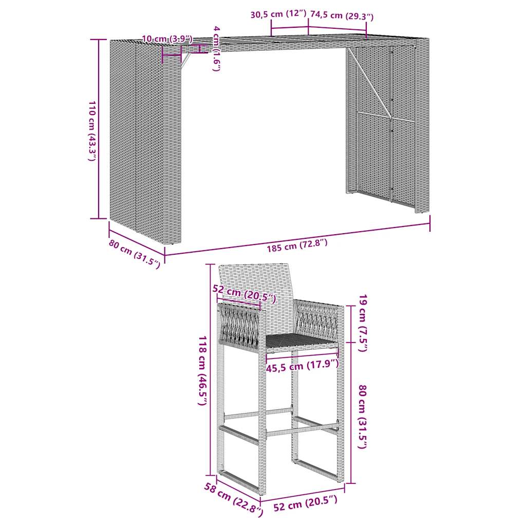 5-Tlg. Gartenbar-Set Ohne Kissen Poly Rattan Akazie