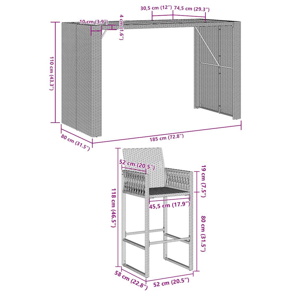 7-Tlg. Gartenbar-Set Ohne Kissen Poly Rattan Akazie