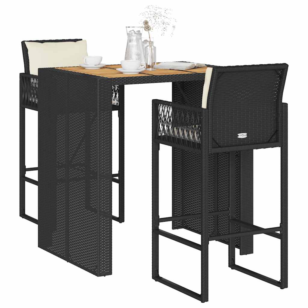 3-Tlg. Gartenbar-Set Mit Kissen Poly Rattan Akazie