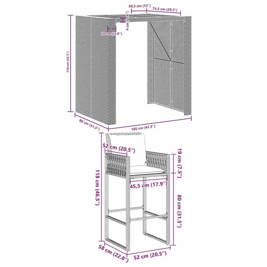 5-Tlg. Gartenbar-Set Mit Kissen Poly Rattan Akazie