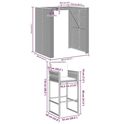 3-Tlg. Gartenbar-Set Mit Kissen Poly Rattan Akazie