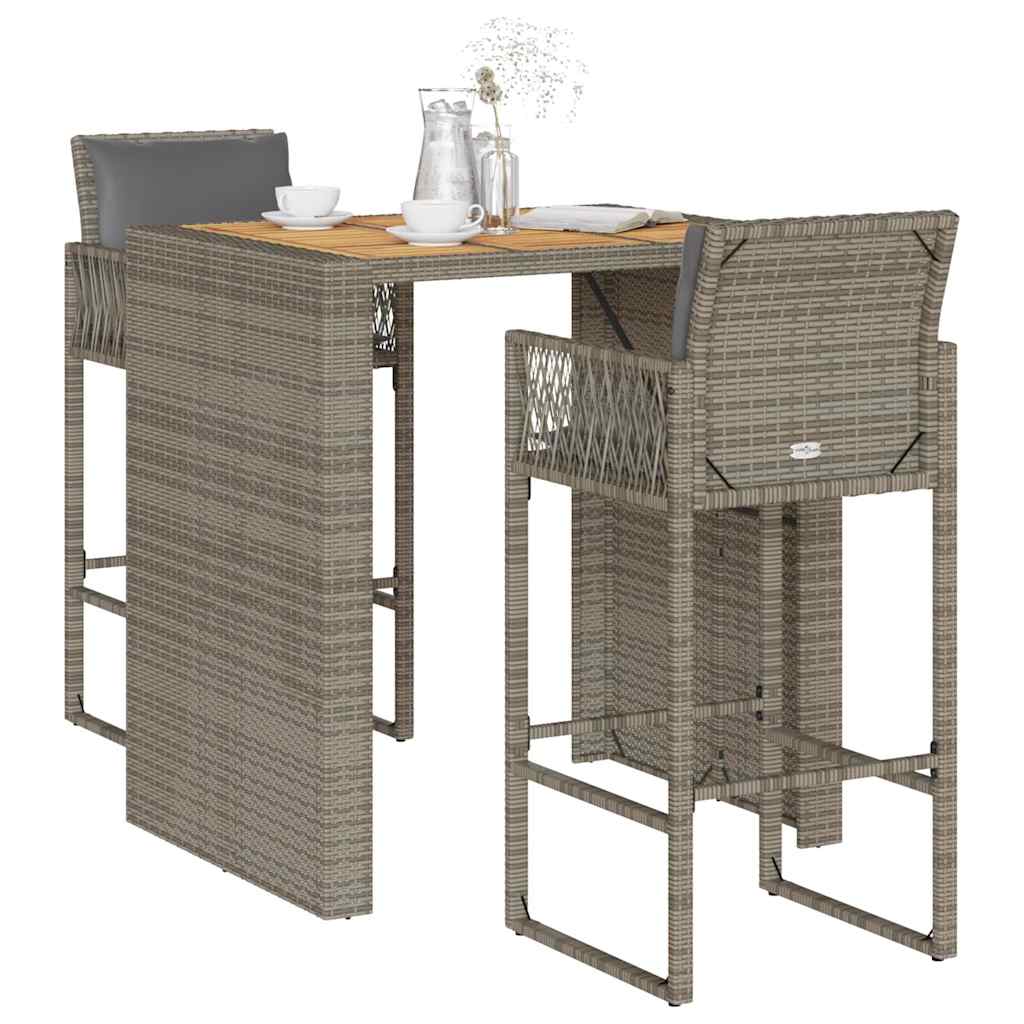 3-Tlg. Gartenbar-Set Mit Kissen Poly Rattan Akazie