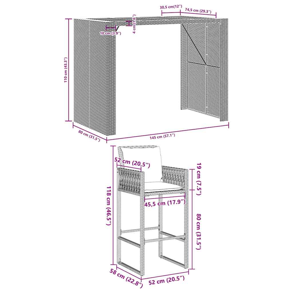 5-Tlg. Gartenbar-Set Mit Kissen Poly Rattan Akazie