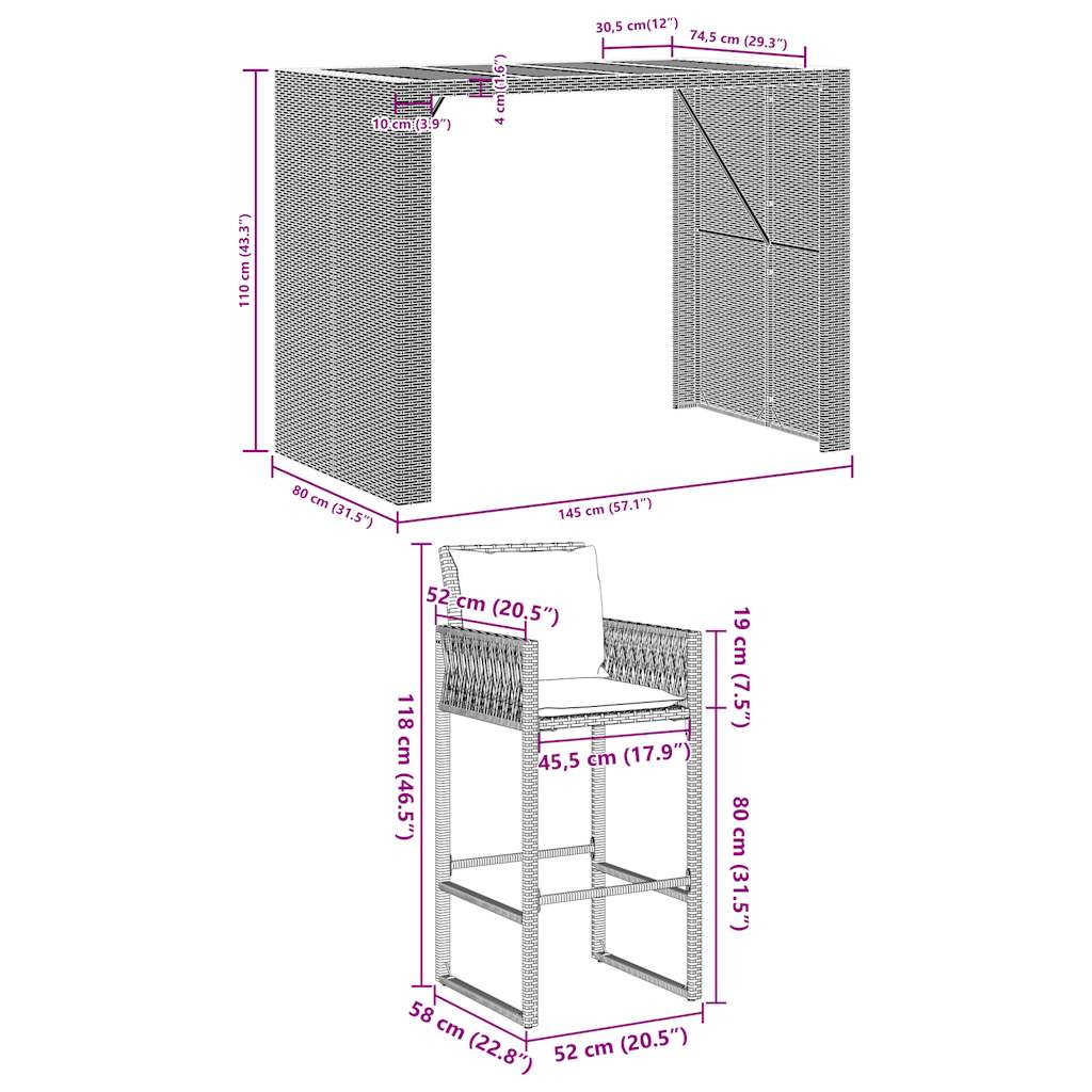 5-Tlg. Gartenbar-Set Mit Kissen Poly Rattan Akazie
