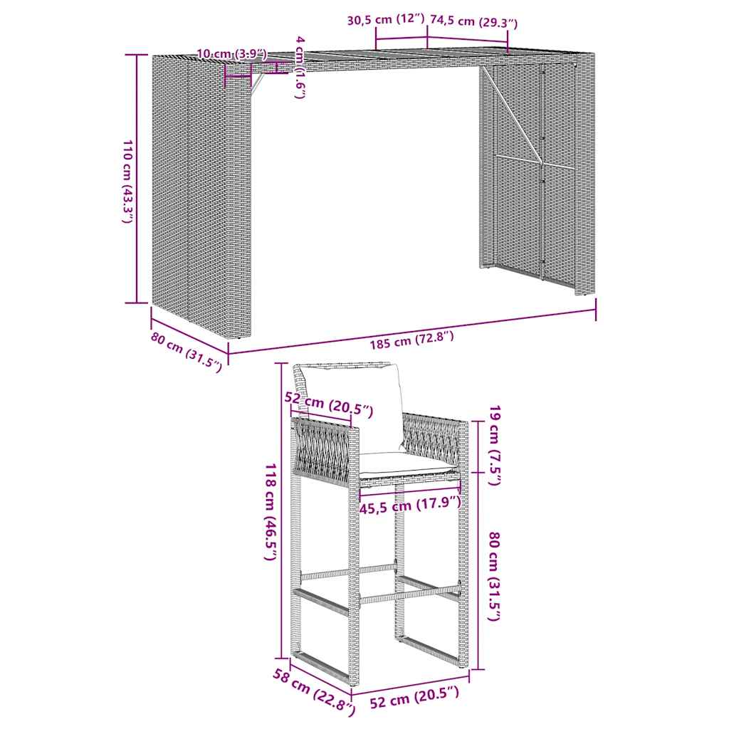 7-Tlg. Gartenbar-Set Mit Kissen Poly Rattan Akazie
