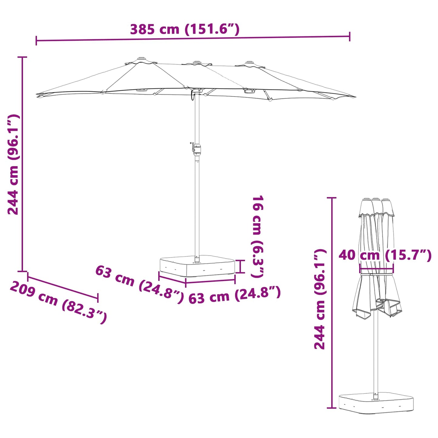 Garten-Sonnenschirm 385 X 209 X 244 Cm Polyester