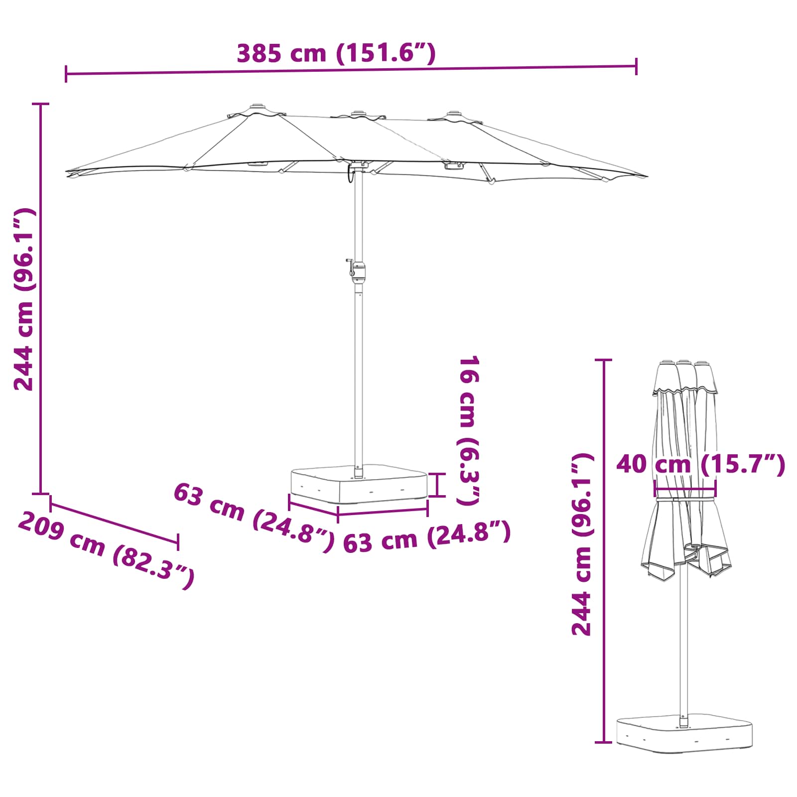 Garten-Sonnenschirm 385 X 209 X 244 Cm Polyester