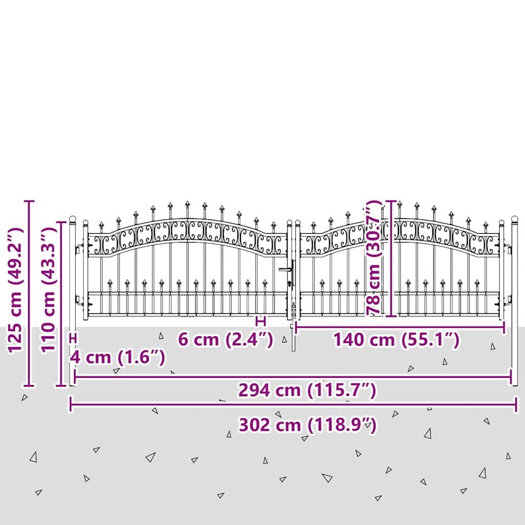 Zauntor Mit Speer-Top Kampen 305 X 75 Cm Stahl