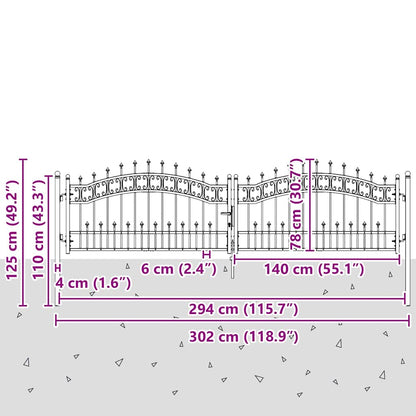 Zauntor Mit Speer-Top Kampen 305 X 75 Cm Stahl