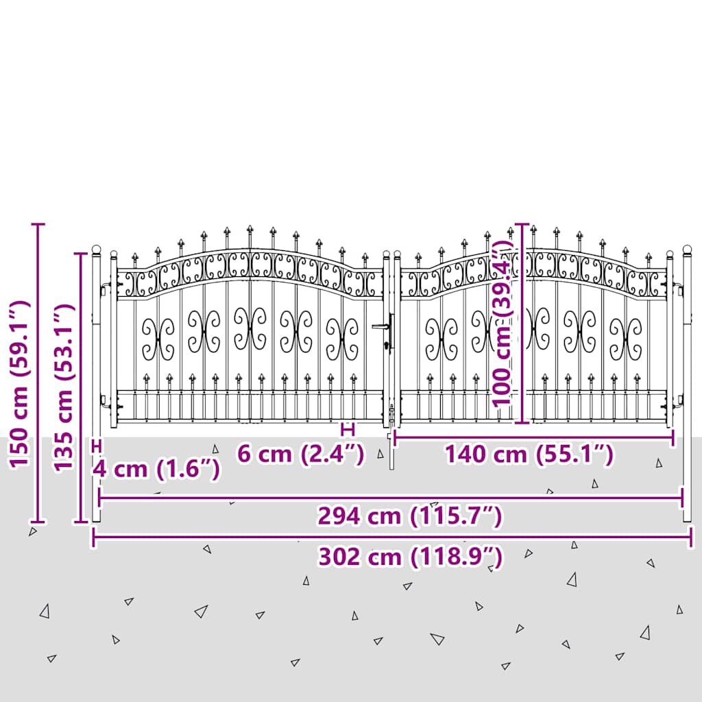 Zauntor Mit Speer-Top Kampen 305 X 100 Cm Stahl
