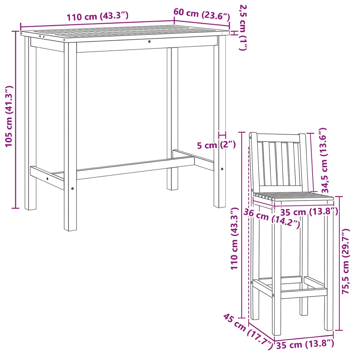 Outdoor Bar Set 5 Pcs Unbehandelt Massivholz Teak